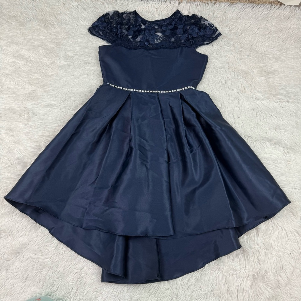 Rare‎ Editions short sleeve lace embellished hi-lo party dress in navy blue